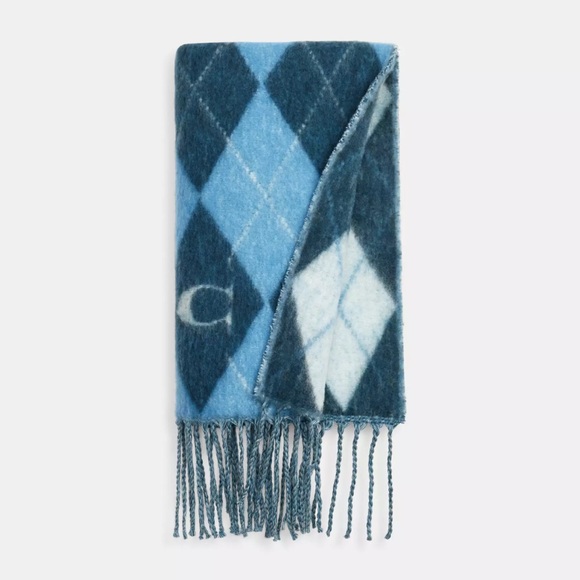 Coach Argyle Wool Scarf Muffler Oversized Blue Preppy Warm Old Money NWT - Picture 2 of 8